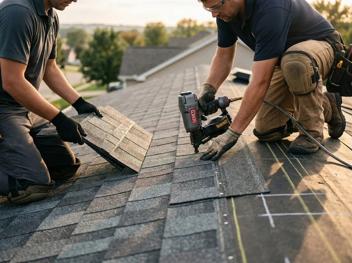 Professional roofer working on a residential roof in Kochville